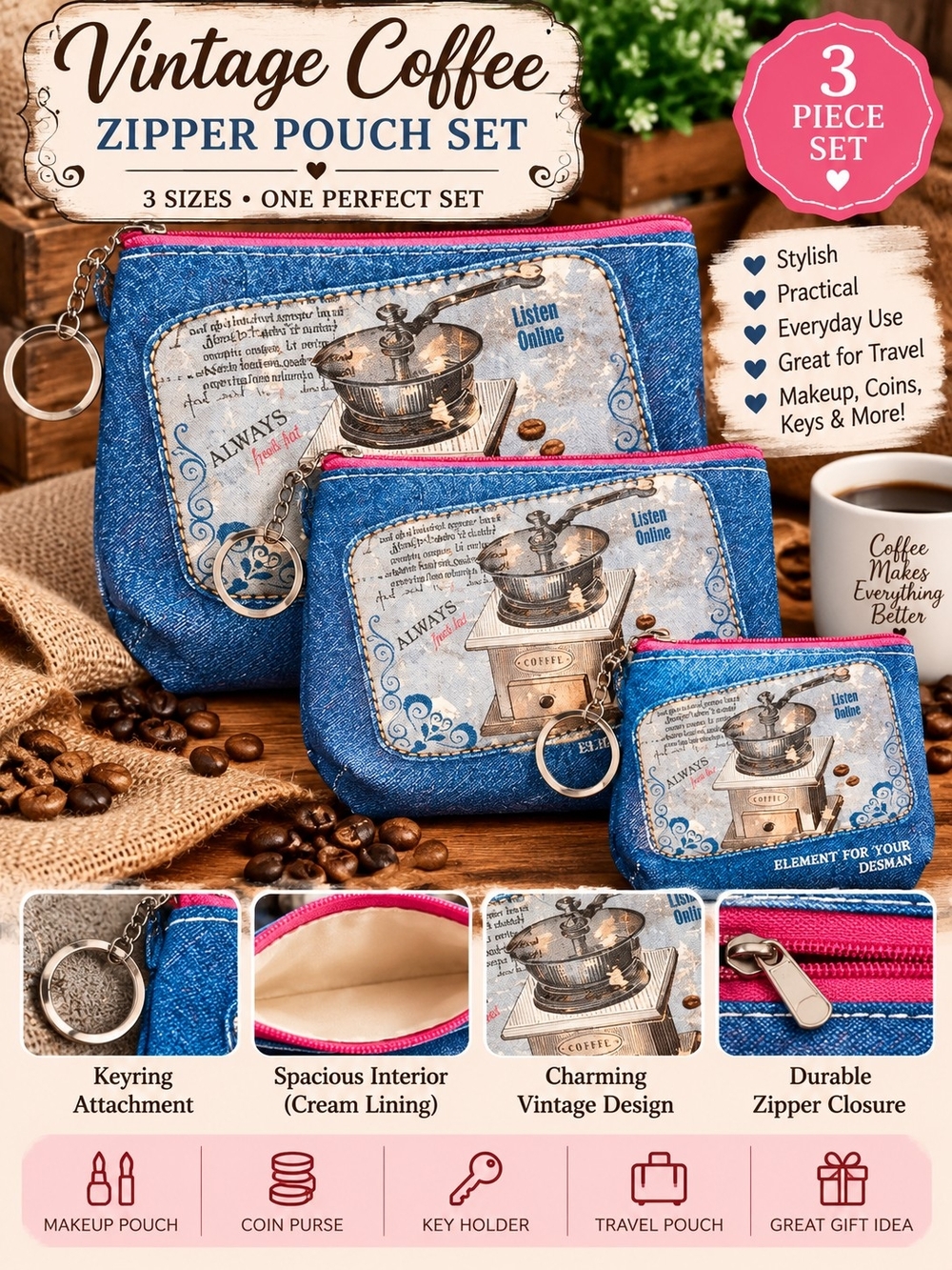 Vintage Coffee Denim Blue Zipper Pouch Set - 3 Piece